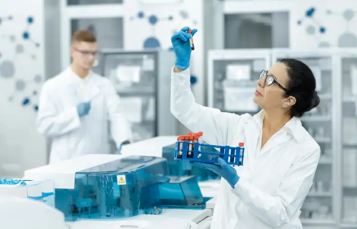 Scientists analysing samples in a modern biotechnology laboratory